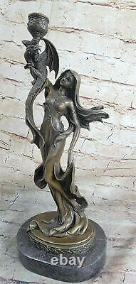 Vintage Signed Jean The Dragon Woman Candlestick Art Deco Bronze