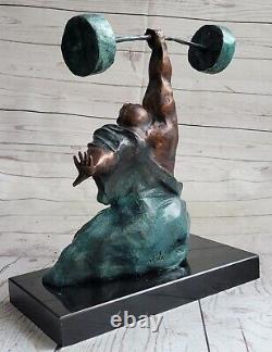 Weightlifters Main Made Art Deco Sport Bronze Trophy Marble Base