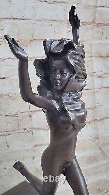 Western Art Deco Sculpture Nude Woman Girl Signed Bronze Statue Figure