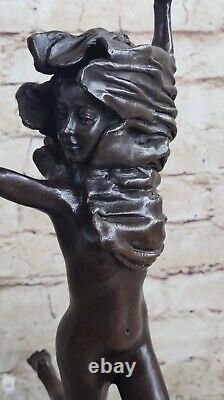 Western Art Deco Sculpture Nude Woman Girl Signed Bronze Statue Figure