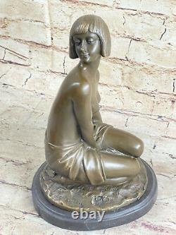 Western Art Deco Sculpture Nude Woman Girl Signed Bronze Statue Figure Decor