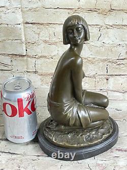 Western Art Deco Sculpture Nude Woman Girl Signed Bronze Statue Figure Decor