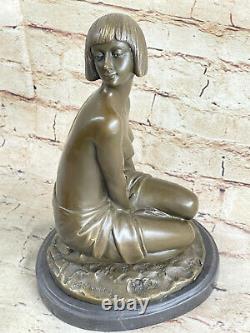 Western Art Deco Sculpture Nude Woman Girl Signed Bronze Statue Figure Decor