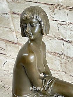 Western Art Deco Sculpture Nude Woman Girl Signed Bronze Statue Figure Decor