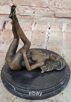 Western Art Deco Sculpture Nude Woman Girl Signed Bronze Statue Figurine
