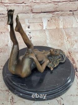 Western Art Deco Sculpture Nude Woman Girl Signed Bronze Statue Figurine