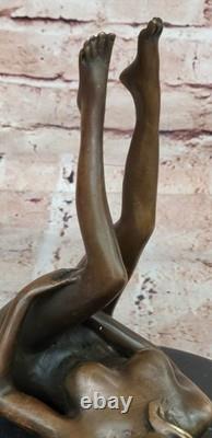 Western Art Deco Sculpture Nude Woman Girl Signed Bronze Statue Figurine