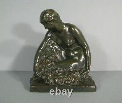 Woman Naked Old Bronze Sculpture Art Deco Lost Wax Signed Marcel Bouraine