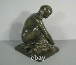 Woman Naked Old Bronze Sculpture Art Deco Lost Wax Signed Marcel Bouraine