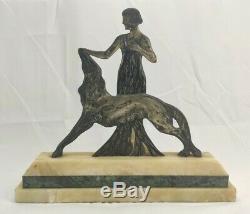 Woman With Greyhound In Silvered Bronze Signed Nisoul Art Deco Glassmaker Max 1930