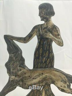 Woman With Greyhound In Silvered Bronze Signed Nisoul Art Deco Glassmaker Max 1930