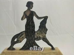 Woman With Greyhound In Silvered Bronze Signed Nisoul Art Deco Glassmaker Max 1930