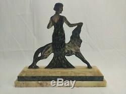 Woman With Greyhound In Silvered Bronze Signed Nisoul Art Deco Glassmaker Max 1930