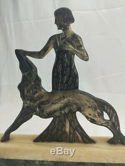 Woman With Greyhound In Silvered Bronze Signed Nisoul Art Deco Glassmaker Max 1930