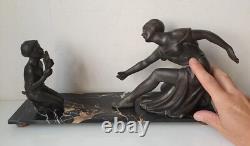 Woman sculpture of the god Pan, spelter and marble, signed DLG Joseph d’Ast, Art Deco, no bronze