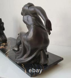 Woman sculpture of the god Pan, spelter and marble, signed DLG Joseph d’Ast, Art Deco, no bronze