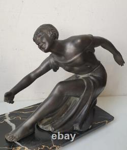 Woman sculpture of the god Pan, spelter and marble, signed DLG Joseph d’Ast, Art Deco, no bronze