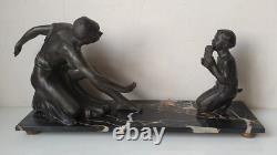 Woman sculpture of the god Pan, spelter and marble, signed DLG Joseph d’Ast, Art Deco, no bronze