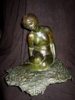 XX Art Deco Bronze Woman Nude Skate Green Antique Wax Lost