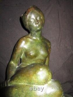 XX Art Deco Bronze Woman Nude Skate Green Antique Wax Lost