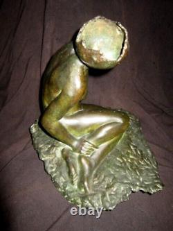 XX Art Deco Bronze Woman Nude Skate Green Antique Wax Lost