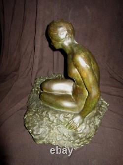 XX Art Deco Bronze Woman Nude Skate Green Antique Wax Lost