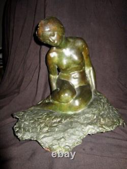 XX Art Deco Bronze Woman Nude Skate Green Antique Wax Lost