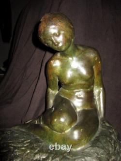 XX Art Deco Bronze Woman Nude Skate Green Antique Wax Lost