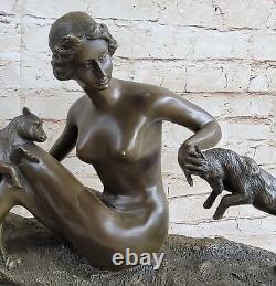 13.6kg Ouest Art Déco Sculpture Shepherdess Fille Avec / Chèvre Nu Femme Bronze