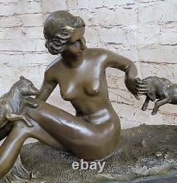13.6kg Ouest Art Déco Sculpture Shepherdess Fille Avec / Chèvre Nu Femme Bronze