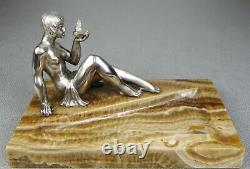 1920/1930 P. Le Faguays Rare Statue Sculpture Art Deco Bronze Argente Femme Nue