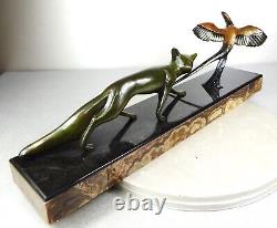 1920 M. Decoux Statue Sculpture Animaliere Art Deco Cubiste Bronze Renard Oiseau