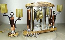 1930 Adnet Excpt Garniture Pendule Lampes Moderniste Art Deco Bronze Chrome Dore