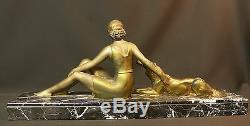 AA 1900 statue groupe 58cm art nouveau dame 1900 chien statue régule bronze déco