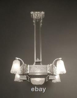 Adolphe Bloch/jean Gauthier Grand Lustre Art Déco Bronze Et Verre Moulé-pressé