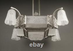 Adolphe Bloch/jean Gauthier Grand Lustre Art Déco Bronze Et Verre Moulé-pressé