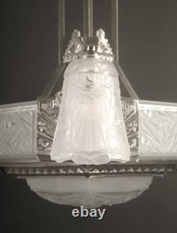 Adolphe Bloch/jean Gauthier Grand Lustre Art Déco Bronze Et Verre Moulé-pressé