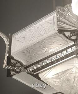 Adolphe Bloch/jean Gauthier Grand Lustre Art Déco Bronze Et Verre Moulé-pressé