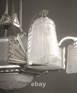 Adolphe Bloch/jean Gauthier Grand Lustre Art Déco Bronze Et Verre Moulé-pressé