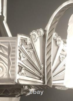 Adolphe Bloch/jean Gauthier Grand Lustre Art Déco Bronze Et Verre Moulé-pressé