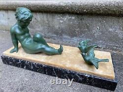 Affortunato Gory Sup. Sculpture Enfant & Oiseaux Statue Art Deco Facon Bronze