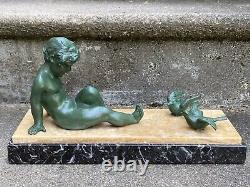 Affortunato Gory Sup. Sculpture Enfant & Oiseaux Statue Art Deco Facon Bronze