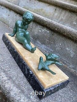 Affortunato Gory Sup. Sculpture Enfant & Oiseaux Statue Art Deco Facon Bronze