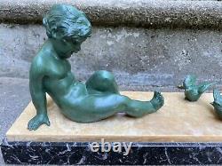 Affortunato Gory Sup. Sculpture Enfant & Oiseaux Statue Art Deco Facon Bronze