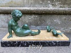 Affortunato Gory Sup. Sculpture Enfant & Oiseaux Statue Art Deco Facon Bronze