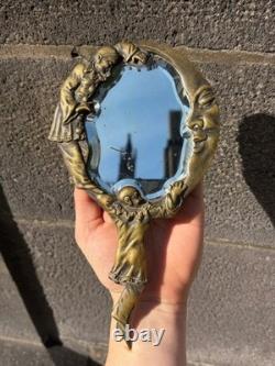 Ancien Miroir à Main de Collection Décor Pierrot et Croissant de Lune Bronze