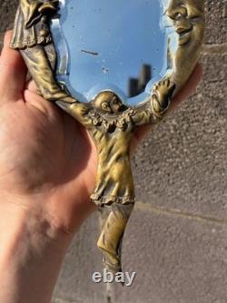 Ancien Miroir à Main de Collection Décor Pierrot et Croissant de Lune Bronze