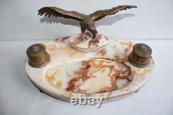 Ancien encrier bronze et onyx, aigle Napoléon, buvard, époque Art Déco