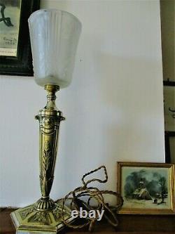 Ancienne grande lampe bronze massif Argenté tulipe MULLER Frères verre moulé