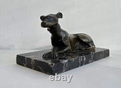 Ancienne statue en bronze animalière chien lévrier socle marbre art deco c. 1930